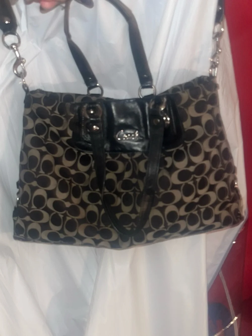 Coach Brown and Black Signature Canvas Shoulder Bag